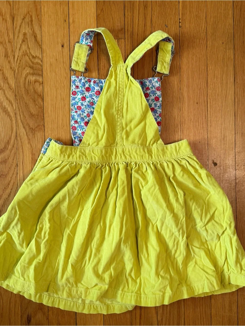 Mini Boden Girls Overall Corduroy Dress with flower print lining in size 5-6
